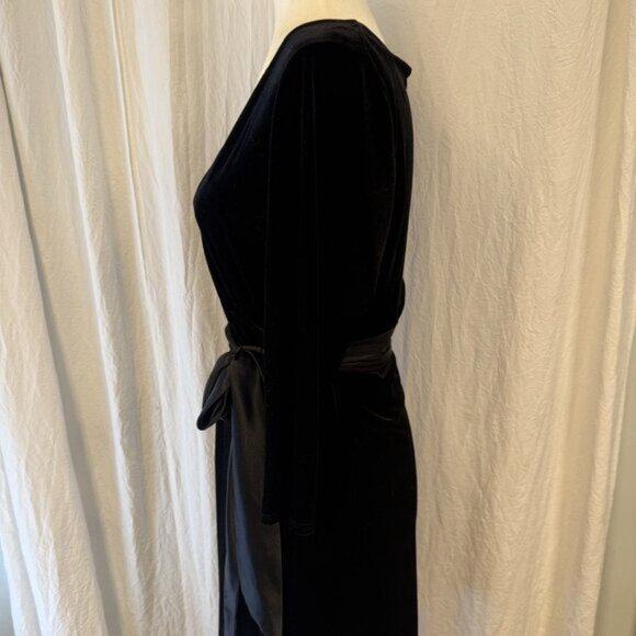 AB Studio Black Velvet Midi Dress Size L Satin Sash 3/4 Sleeve V-Neck Holiday - Picture 11 of 12